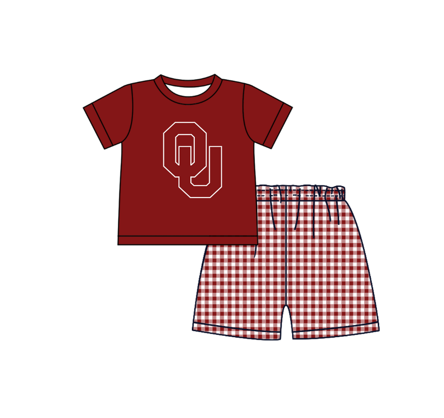 MOQ 5 pcs maroon short sleeves OU top plaids shorts boys team outfit