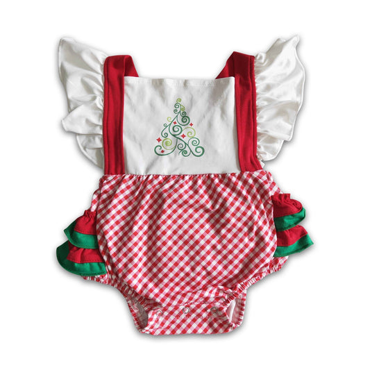 Christmas tree print plaid flutter sleeve baby bubble