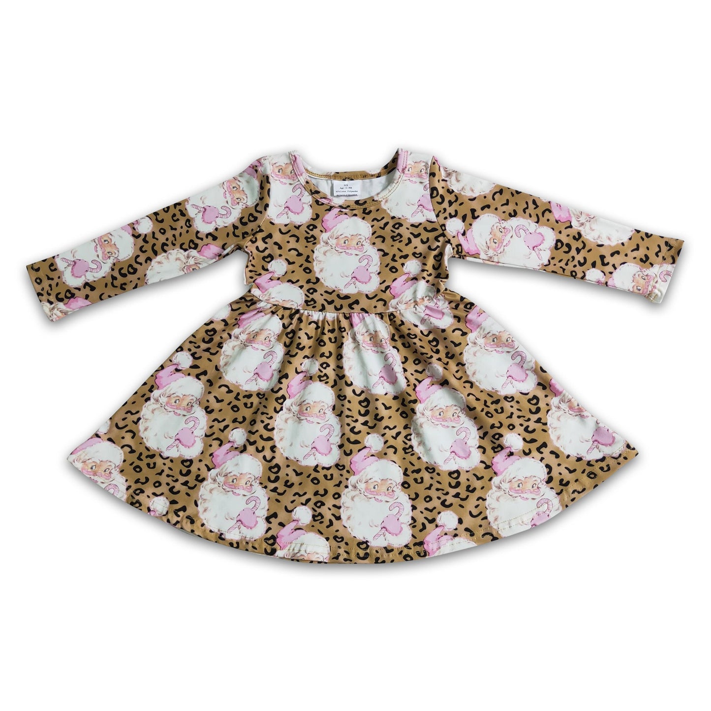 Santa leopard long sleeve girls Christmas dresses