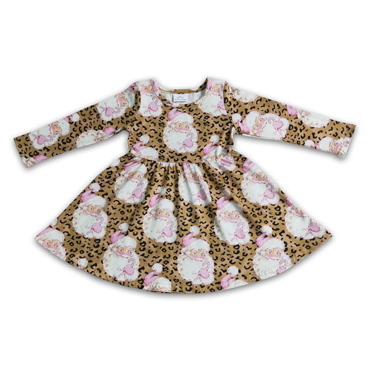 Santa leopard long sleeve girls Christmas dresses