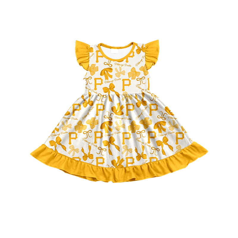 MOQ 3 pcs flutter sleeves P yellow bows girls team dress