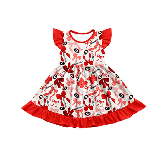 MOQ 3 pcs flutter sleeves red G bows girls team dress