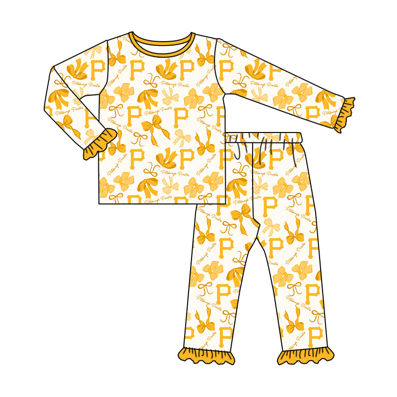 MOQ 3 Long sleeves P yellow bow kids girls team pajamas