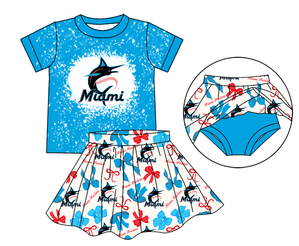 MOQ 3 pcs Light blue M bleached top bow skirt girls team outfits