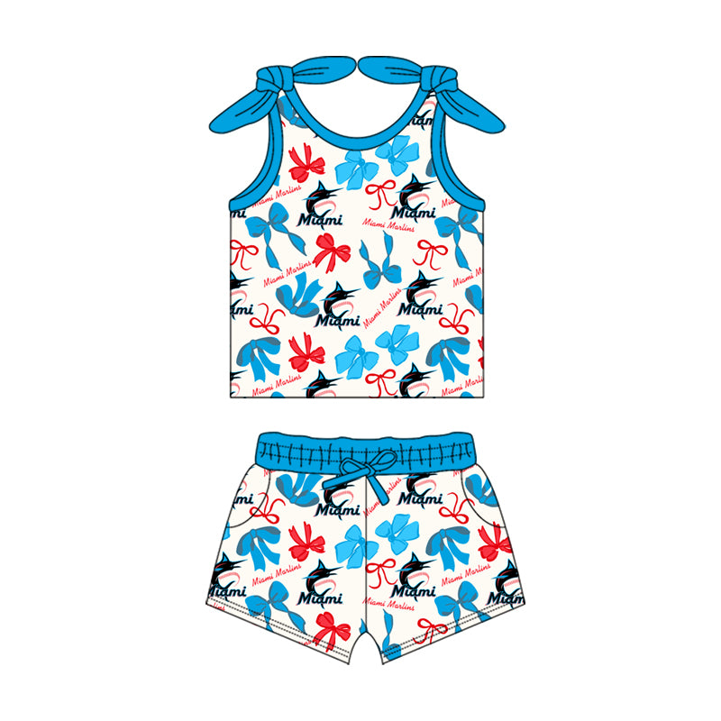 MOQ 3 pcs sleeveless M light blue bow top shorts girls team clothes