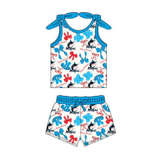 MOQ 3 pcs sleeveless M light blue bow top shorts girls team clothes