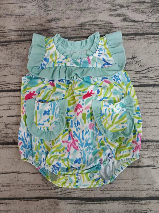 MOQ 3 pcs mint watercolor seaweed girls summer romper