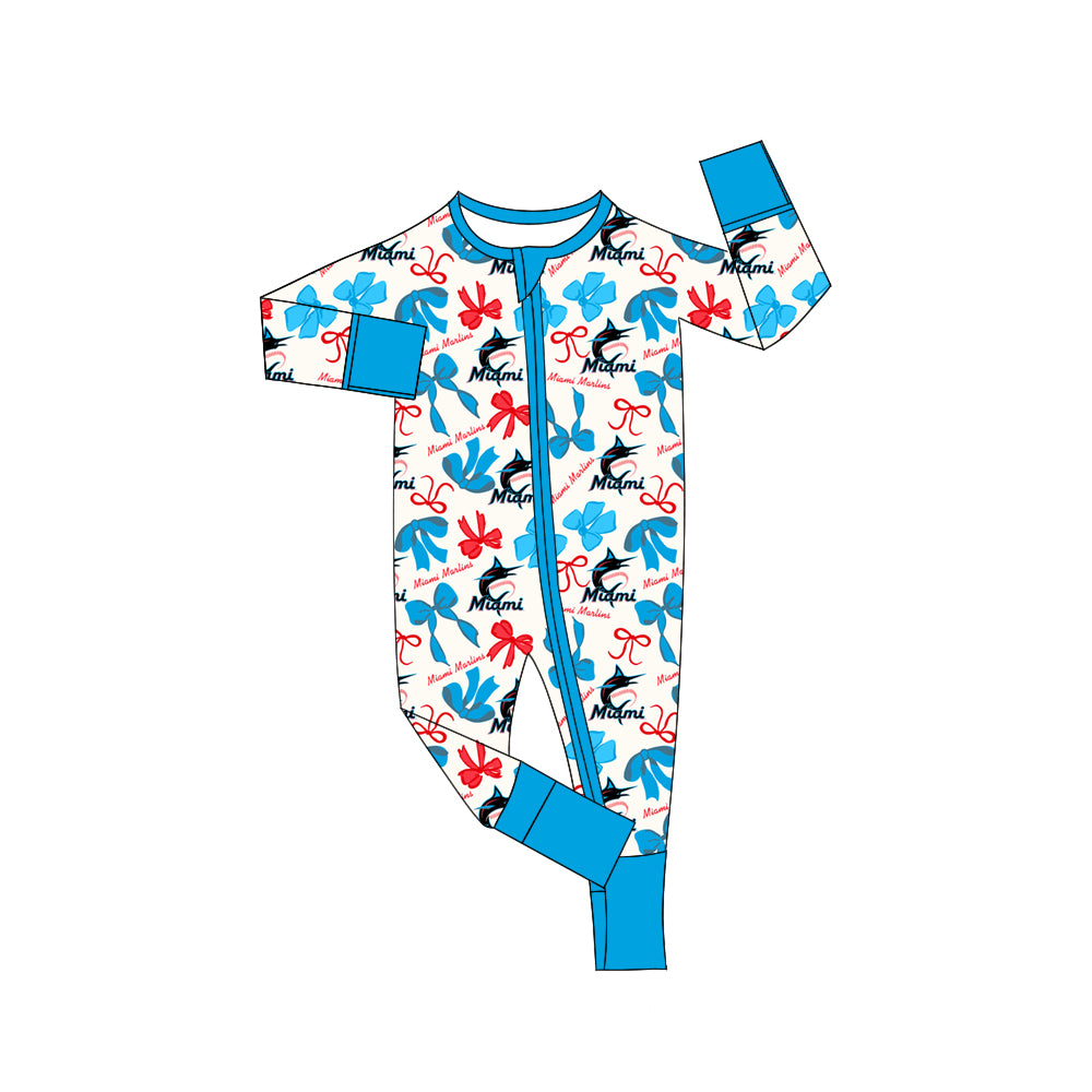 MOQ 3 pcs long sleeves M light blue bows baby team zip romper