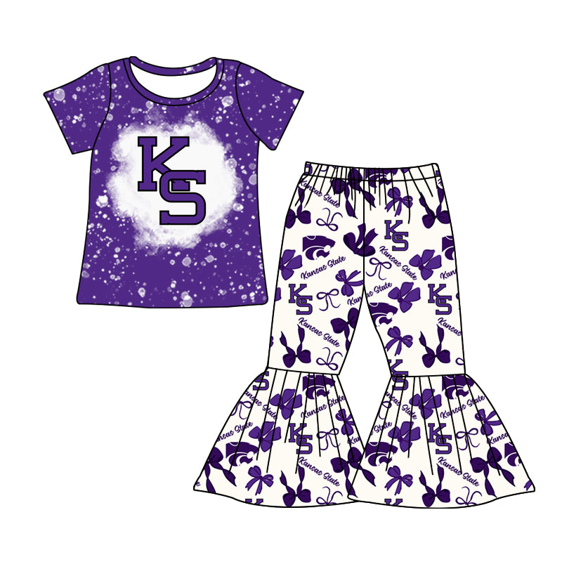 MOQ 3 pcs bleached purple K S top bow pants girls team clothes