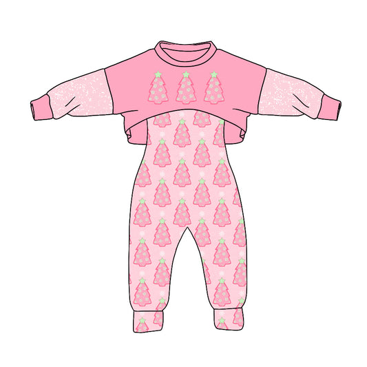 MOQ 5 pink Christmas tree jumpsuit top girls Christmas set