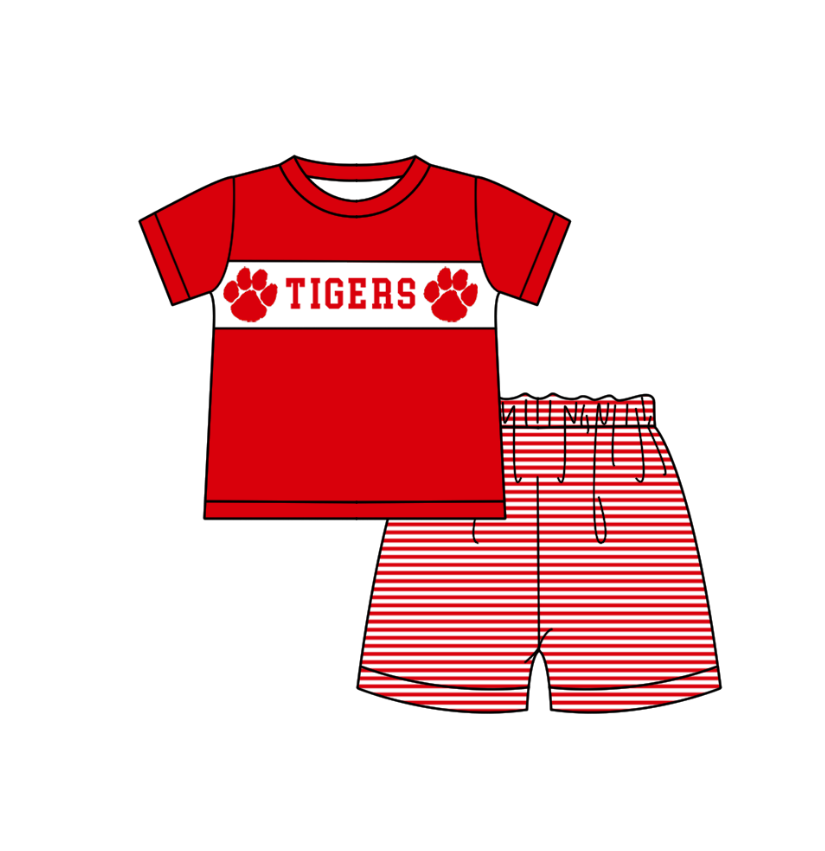 MOQ 5 pcs red short sleeves T top stripe shorts boys team outfit