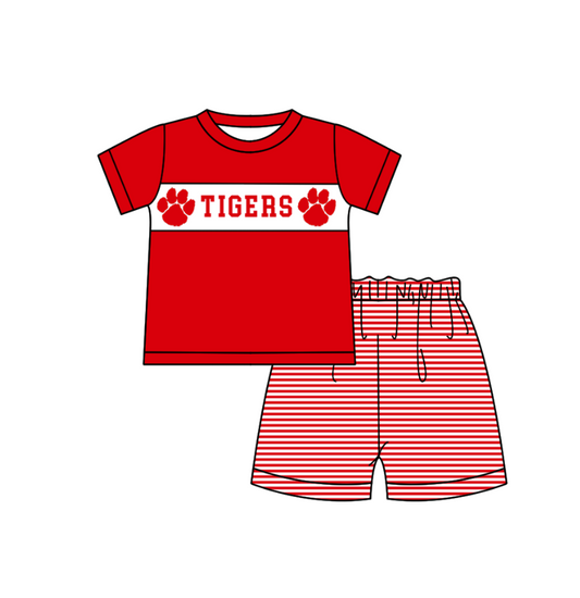 MOQ 5 pcs red short sleeves T top stripe shorts boys team outfit