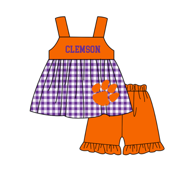 MOQ 5 pcs purple plaids sleeveless C tunic orange ruffle shorts girls team outfit