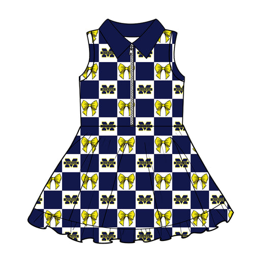 MOQ 5 pcs sleeveless plaid bow navy yellow M girls team athletic polo dress