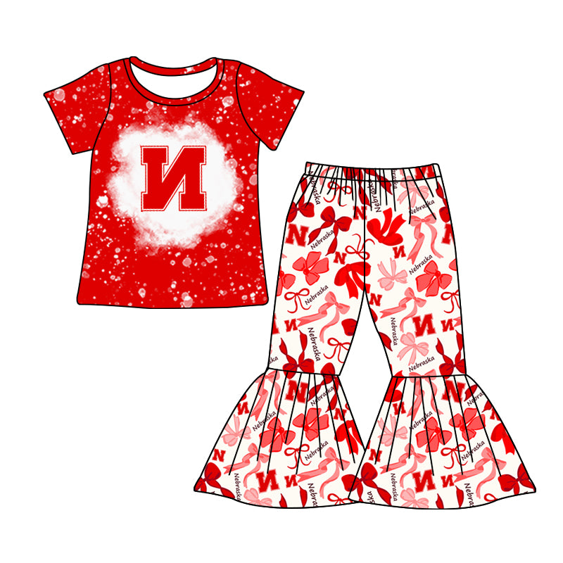 MOQ 3 pcs bleached red N top bow pants girls team clothes