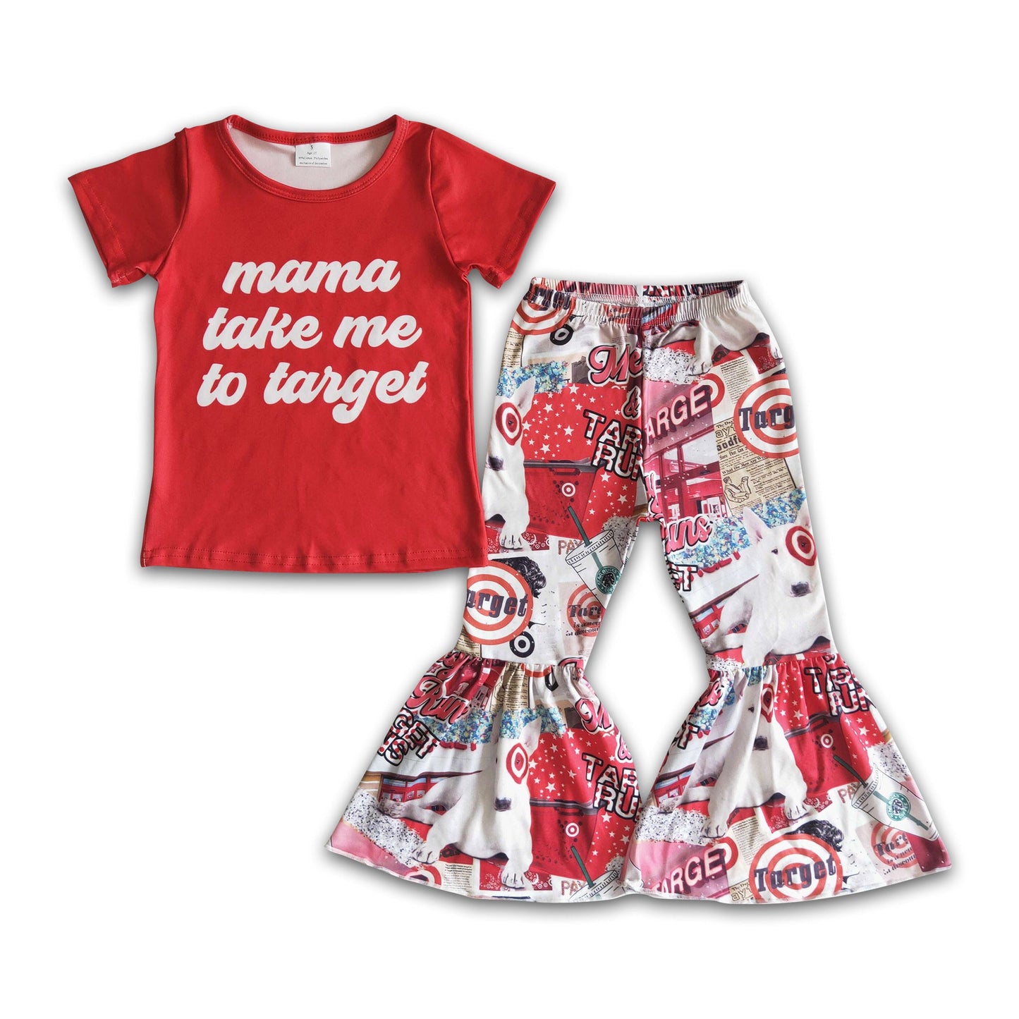 Red short sleeve cart bell bottom pants girls clothing set