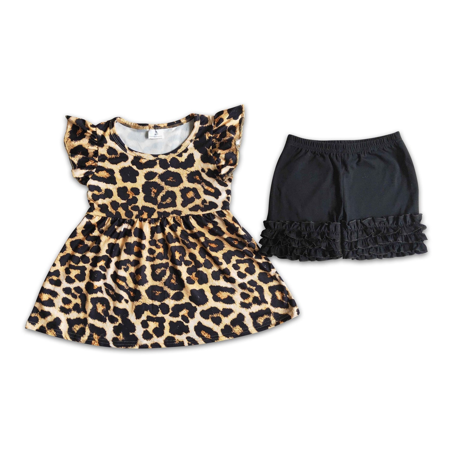 Leopard flutter sleeve tunic ruffle shorts girls outfits