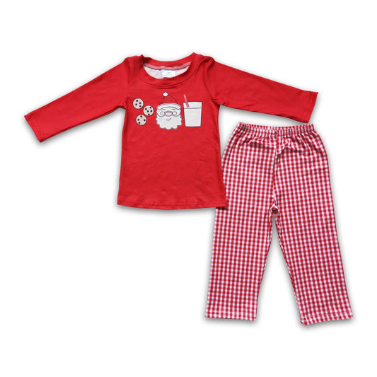 Red long sleeve santa shirt plaid pants boy Christmas clothing