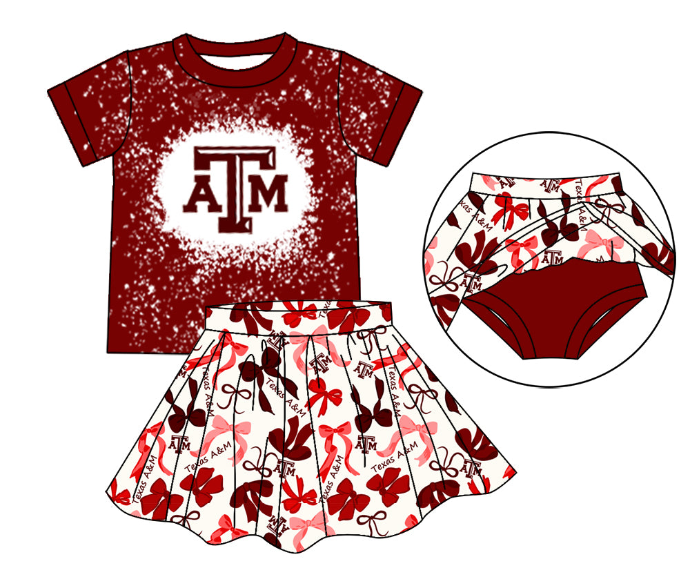 MOQ 3 pcs A T M bleached top bow skirt girls team outfits