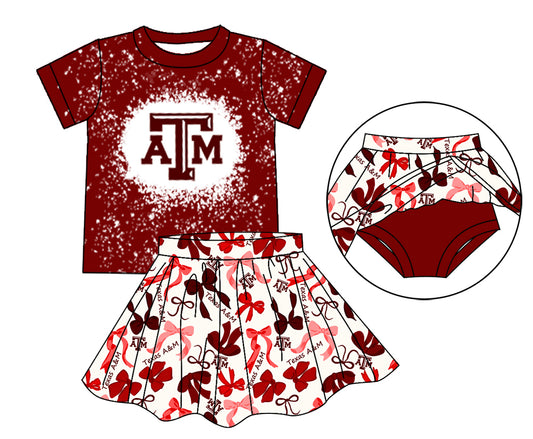 MOQ 3 pcs A T M bleached top bow skirt girls team outfits