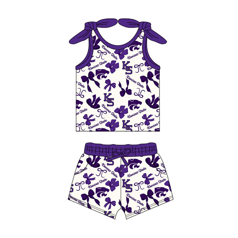 MOQ 3 pcs sleeveless K S purple bow top shorts girls team clothes