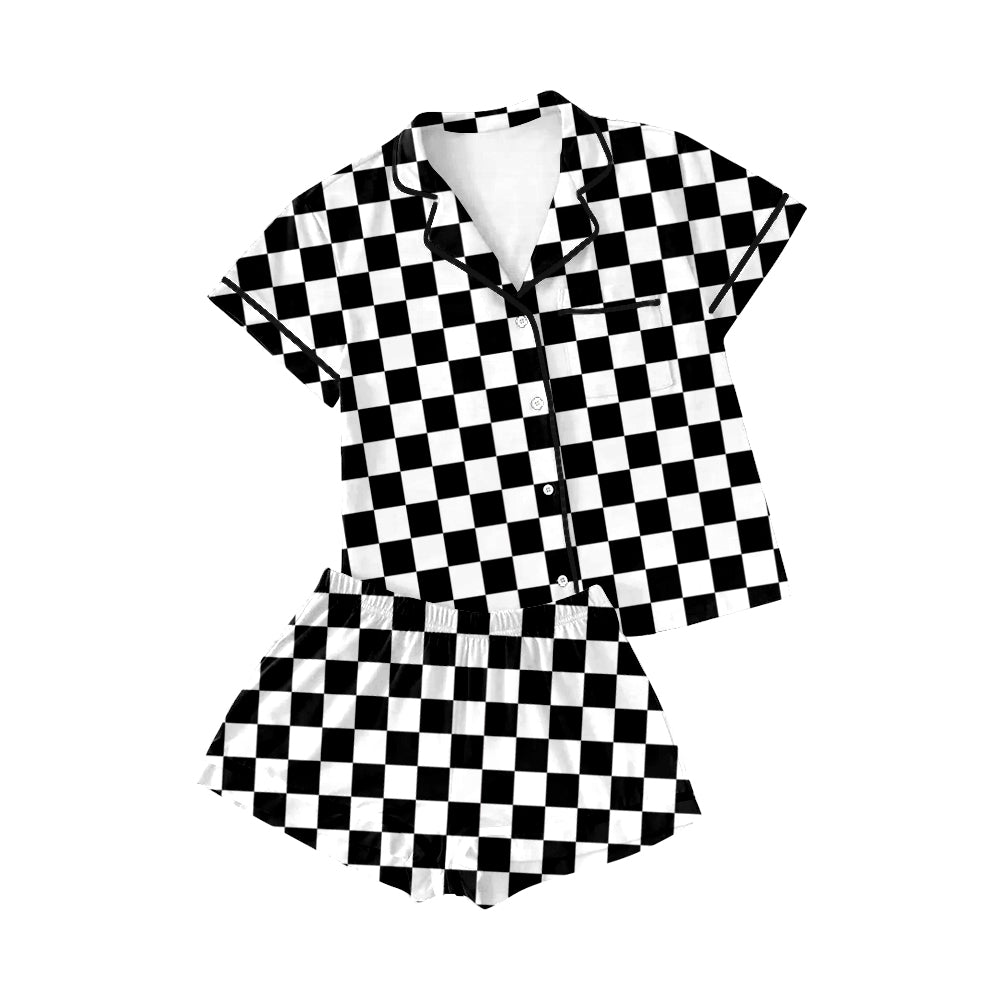 Black plaid adult women summer button down pajamas