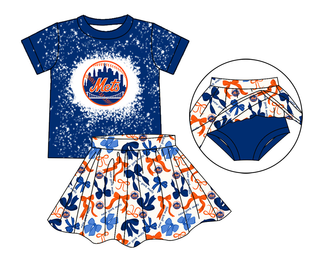 MOQ 3 pcs bleached top blue orange bow skirt girls team outfits