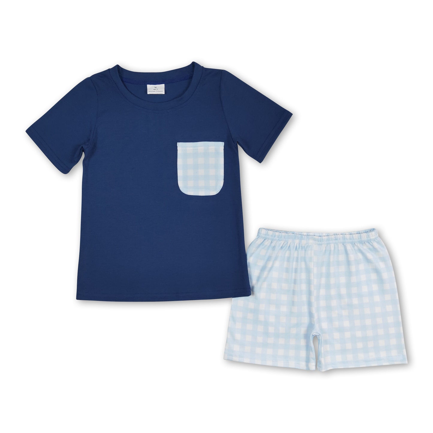 Short sleeves blue top plaid pocket shorts boys clothes