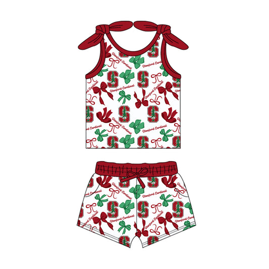 MOQ 3 pcs sleeveless S red bow top shorts girls team clothes