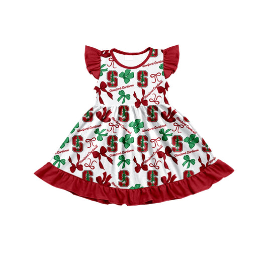 MOQ 3 pcs flutter sleeves S red bows girls team dress
