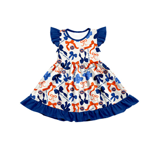 MOQ 3 pcs flutter sleeves orange blue bows girls team dress