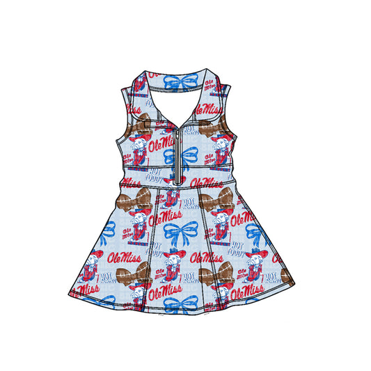 MOQ 5 pcs sleeveless O M bow girls zipper team athletic dress