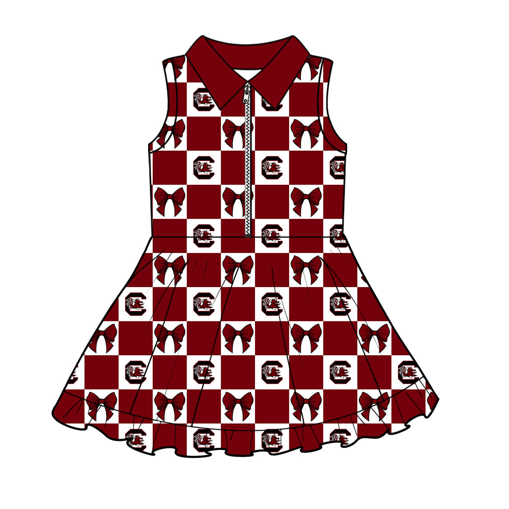 MOQ 5 pcs sleeveless plaid bow C girls team athletic polo dress