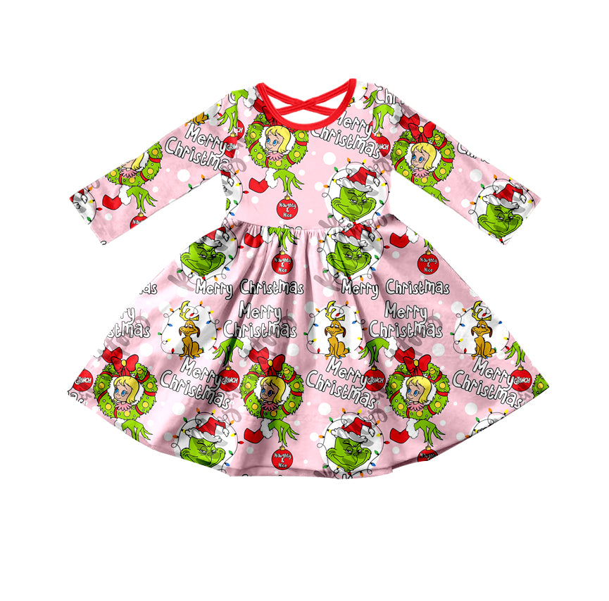 MOQ 5 Pink green face Merry Christmas girls dresses