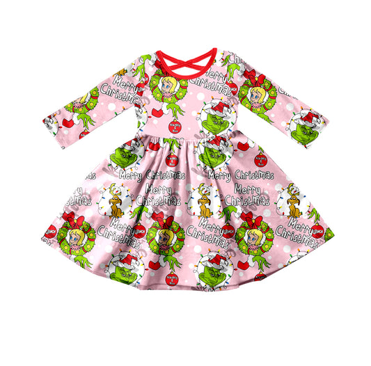 MOQ 5 Pink green face Merry Christmas girls dresses