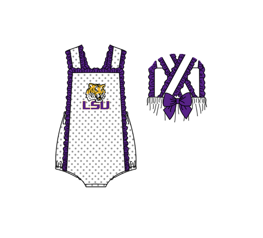 MOQ 5 pcs white polka dots sleeveless purple bow LSU baby girls team romper