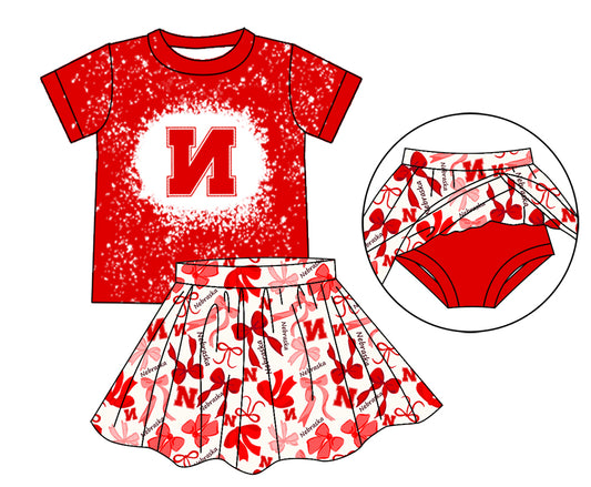 MOQ 3 pcs red N bleached top bow skirt girls team outfits