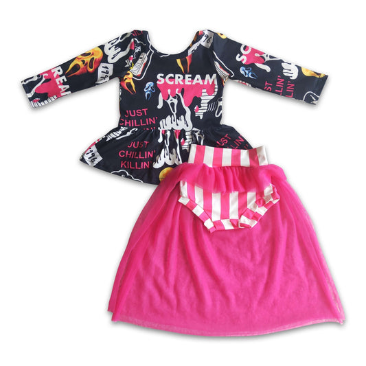 Hot pink tulle skull long sleeve shirt bummies set