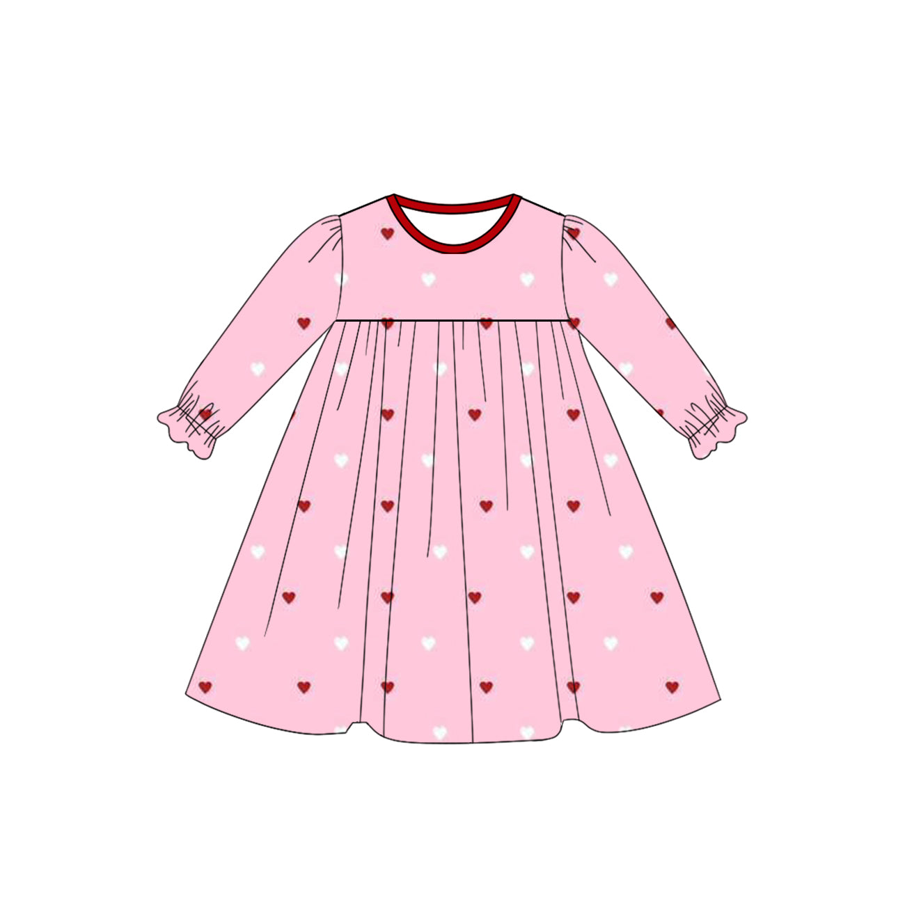 pink heart print long sleeve girl valentine's day dress