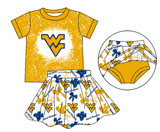 MOQ 3 pcs W V bleached top bow skirt girls team outfits