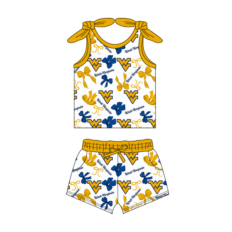 MOQ 3 pcs sleeveless W V bow top shorts girls team clothes