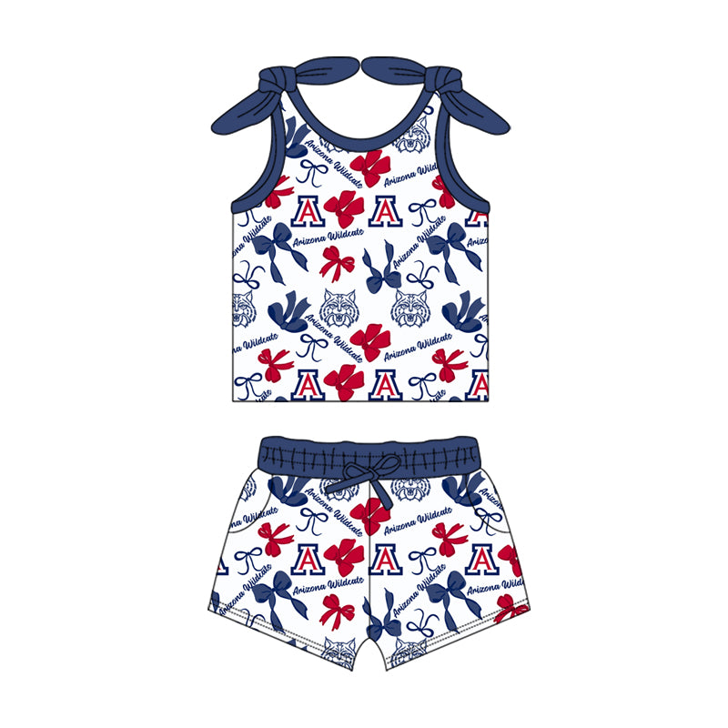 MOQ 3 pcs sleeveless A blue bow top shorts girls team clothes