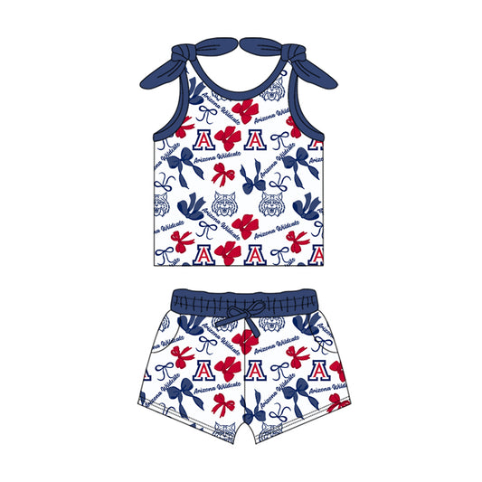 MOQ 3 pcs sleeveless A blue bow top shorts girls team clothes