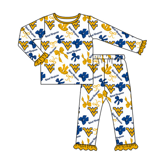 MOQ 3 Long sleeves W V bow kids girls team pajamas