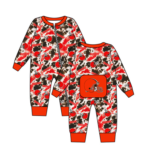 MOQ 3 pcs long sleeves orange tie dye baby team zipper romper