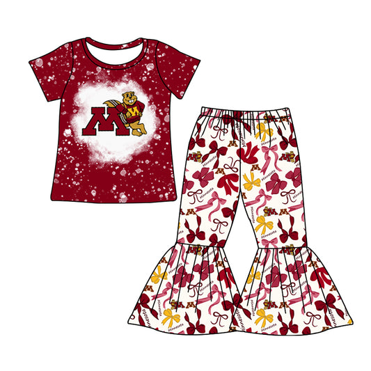 MOQ 3 pcs bleached maroon M top bow pants girls team clothes