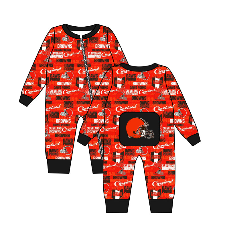 MOQ 3 pcs long sleeves orange B baby team zipper romper