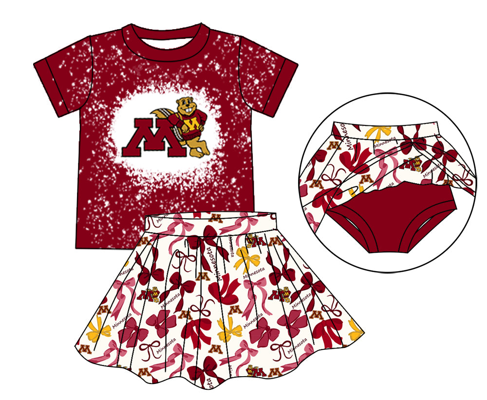 MOQ 3 pcs maroon M bleached top bow skirt girls team outfits