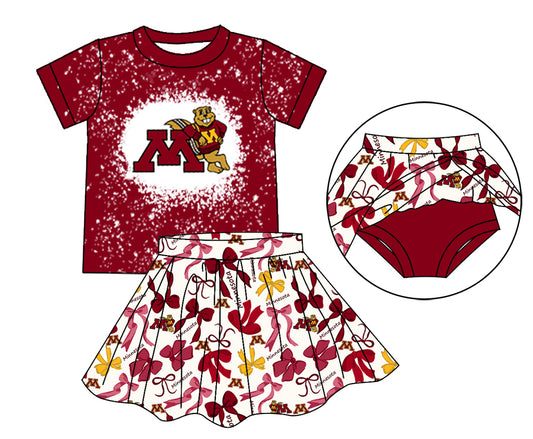 MOQ 3 pcs maroon M bleached top bow skirt girls team outfits