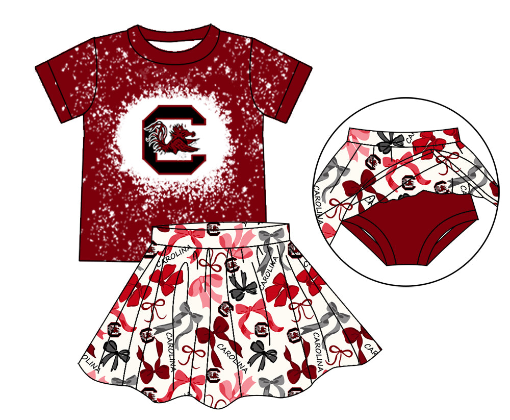 MOQ 3 pcs maroon bleached top bow skirt girls team outfits